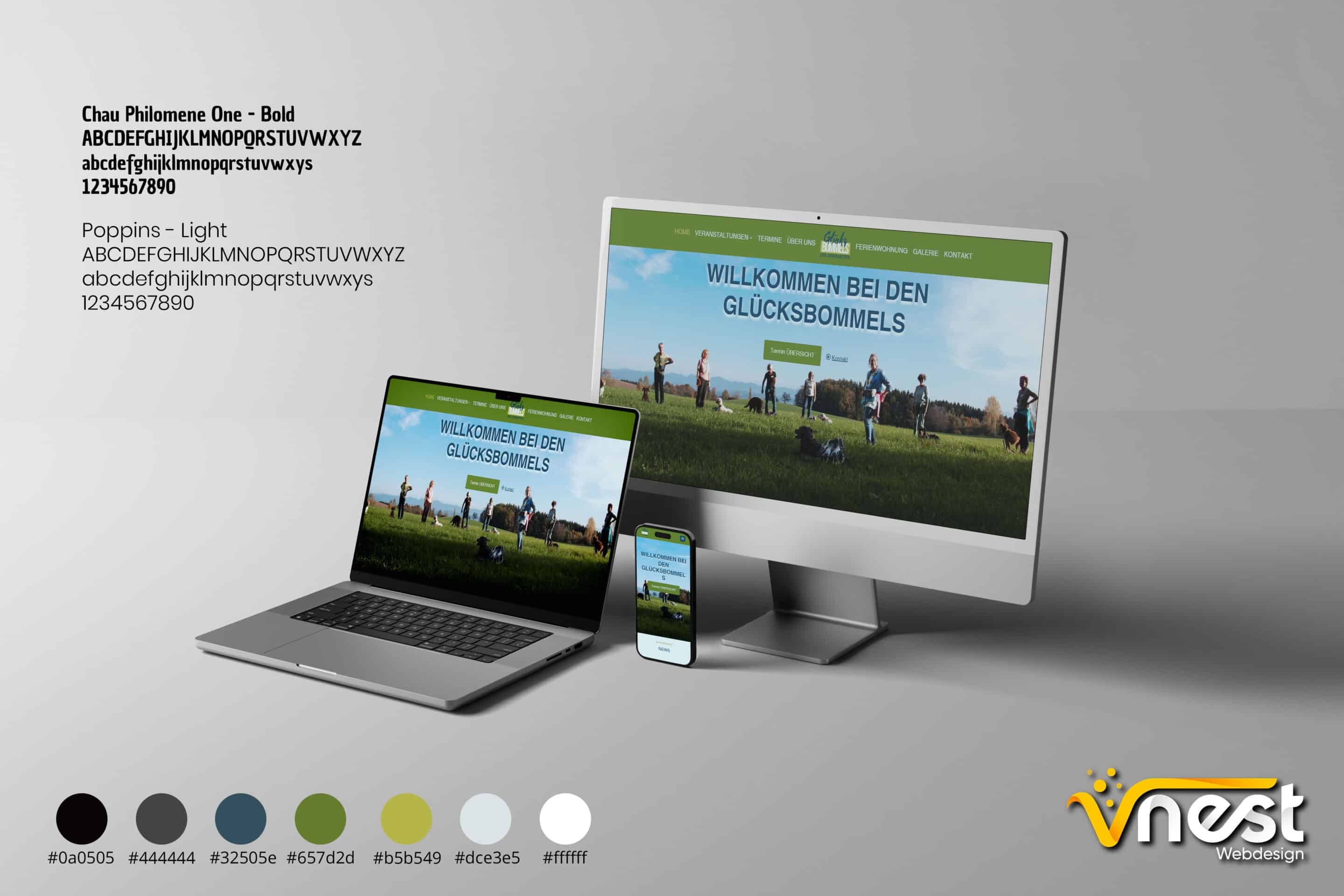 Referenz Bild von vNEST Webdesign aus dem Portfolio. Zeigt die Ansicht von mehreren Geräten der Hundeschule Glücksbommels an.