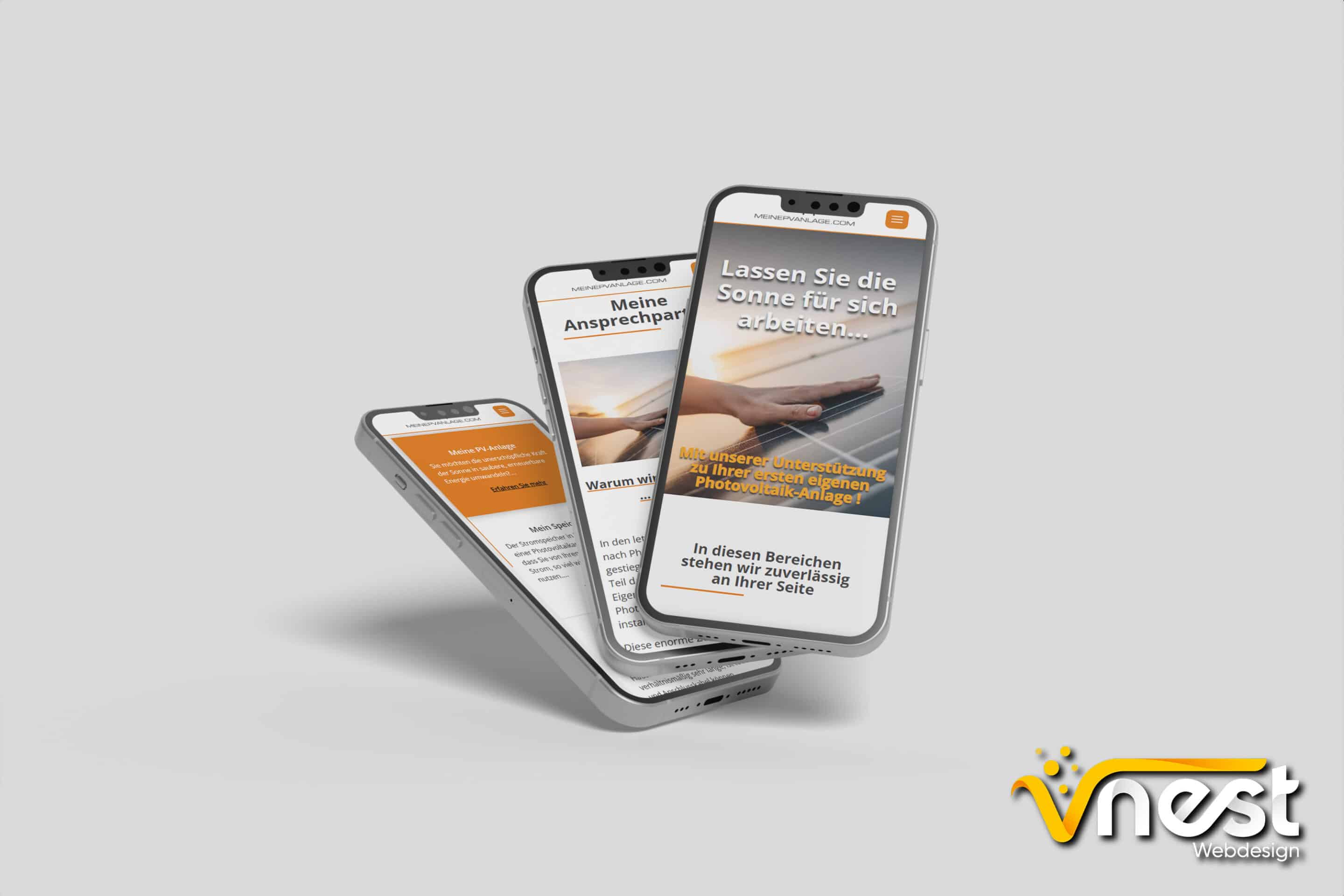 Referenz Bild von vNEST Webdesign aus dem Portfolio. Zeigt die Handy Ansicht von meinepvanlage.com an.