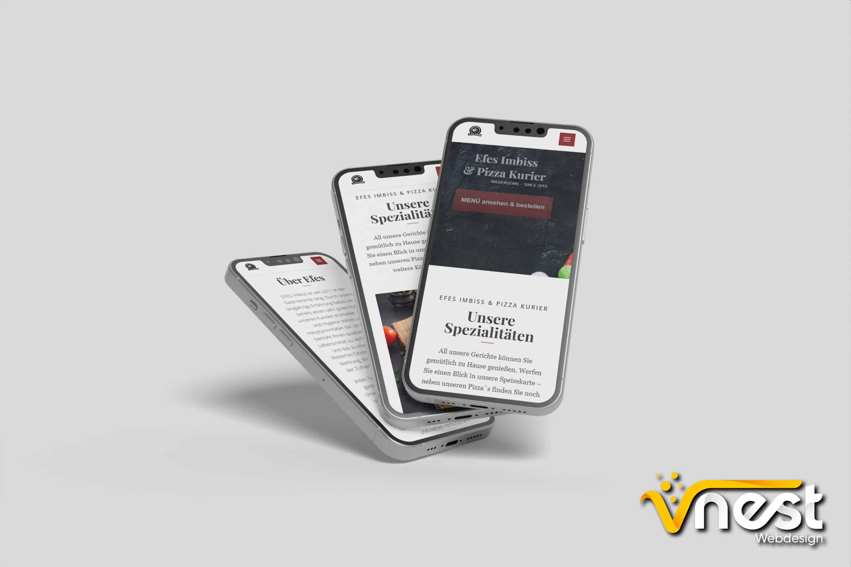 Referenz Bild von vNEST Webdesign aus dem Portfolio. Zeigt die Handy Ansicht von Efes Imbiss & Pizza Kurier an.