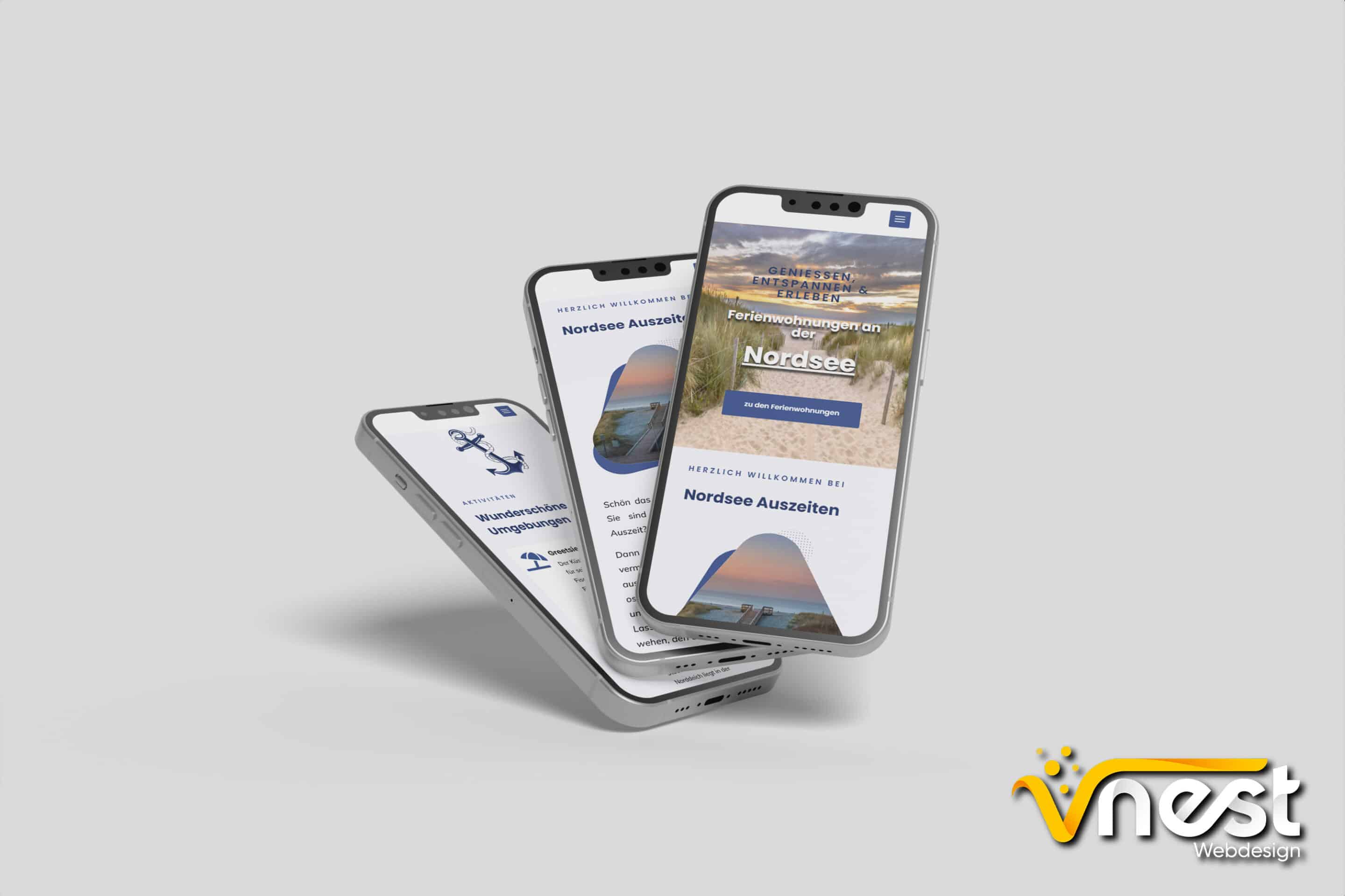 Referenz Bild von vNEST Webdesign aus dem Portfolio. Zeigt die Handy Ansicht von Nordsee-Auszeiten Ferienwohnungen an.