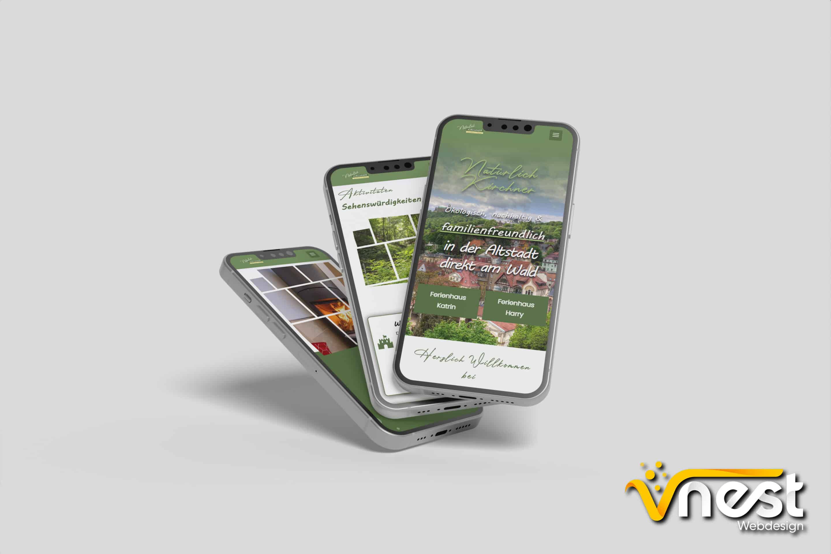 Referenz Bild von vNEST Webdesign aus dem Portfolio. Zeigt die Handy Ansicht von natürlich Kirchner - Ferienhäuser in Eisenach an.