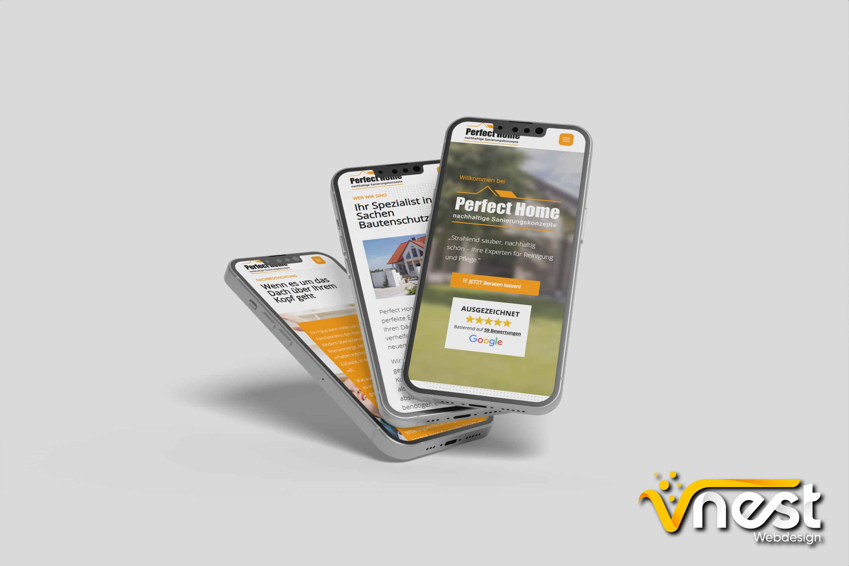 Referenz Bild von vNEST Webdesign aus dem Portfolio. Zeigt die Handy Ansicht von Perfect Home Sanierung an.