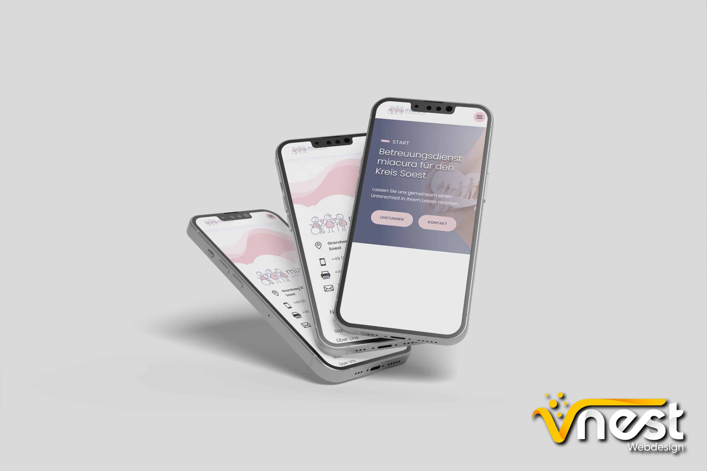 Referenz Bild von vNEST Webdesign aus dem Portfolio. Zeigt die Handyansicht von miacura.de an