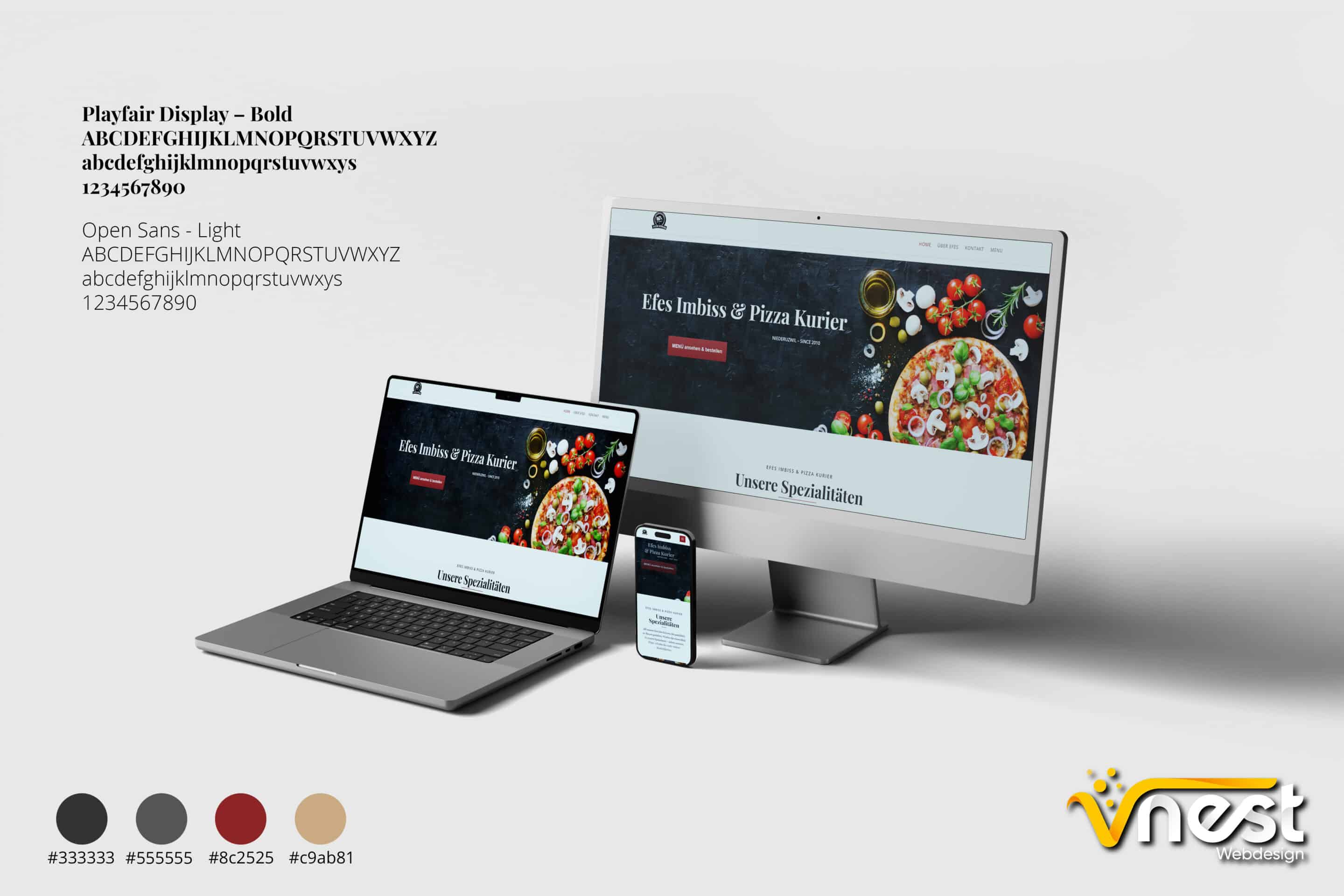 Referenz Bild von vNEST Webdesign aus dem Portfolio. Zeigt die Ansicht von Efes Imbiss & Pizza Kurier auf mehreren Geräten an. Mit Schriftarten und Farbstyle