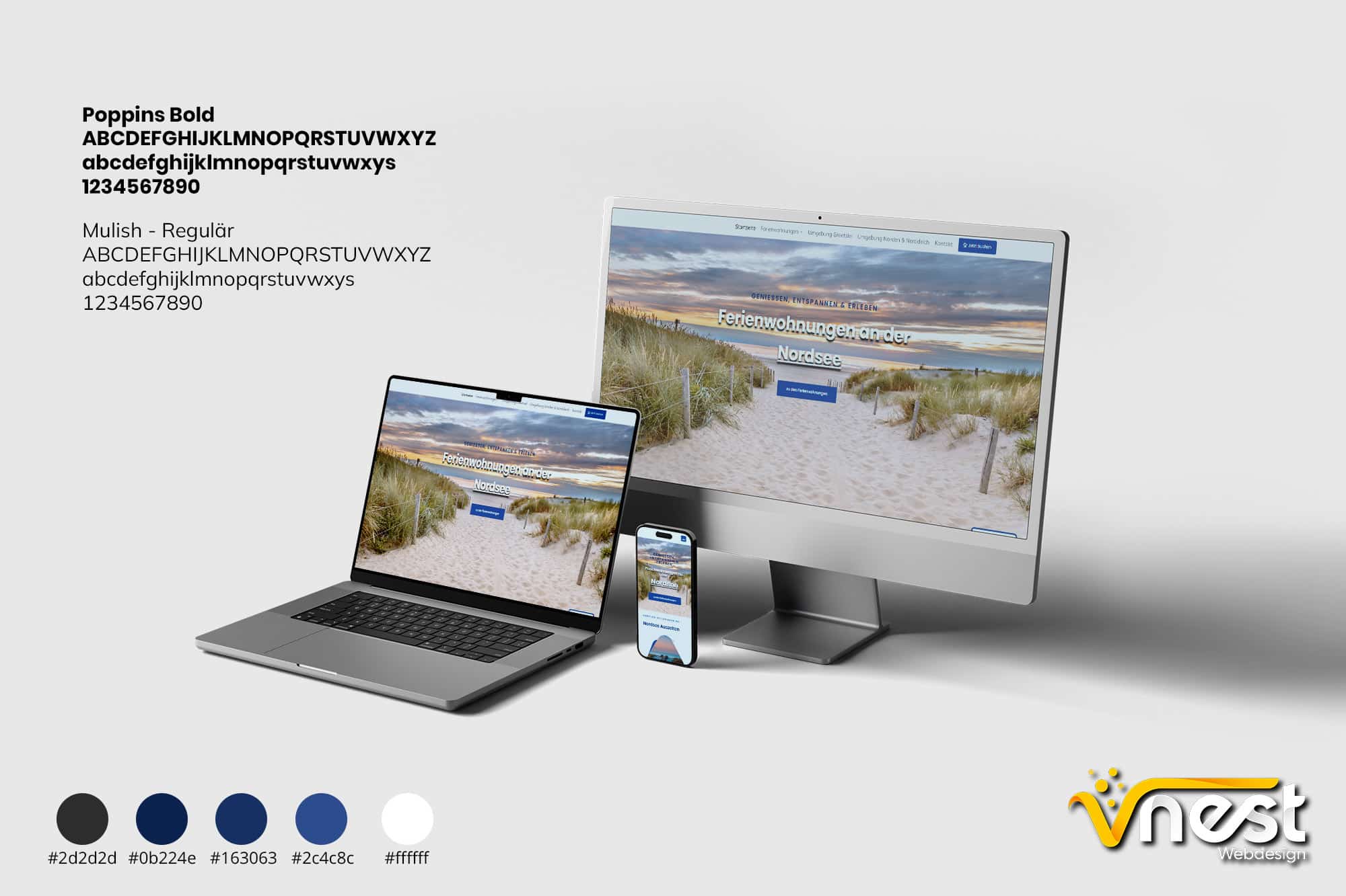 Referenz Bild von vNEST Webdesign aus dem Portfolio. Zeigt die Ansicht von Nordsee-Auszeiten Ferienwohnungen auf mehreren Geräten an.
