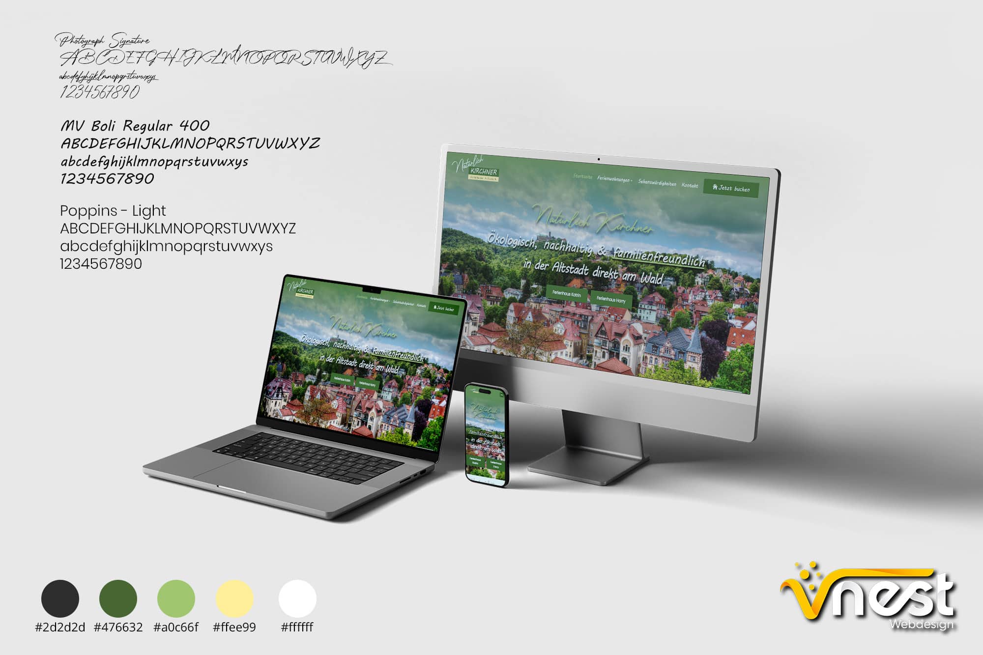 Referenz Bild von vNEST Webdesign aus dem Portfolio. Zeigt die Ansicht von natürlich Kirchner - Ferienhäuser in Eisenach auf mehreren Geräten an. Mit Schriftarten und dem Farbstyle.