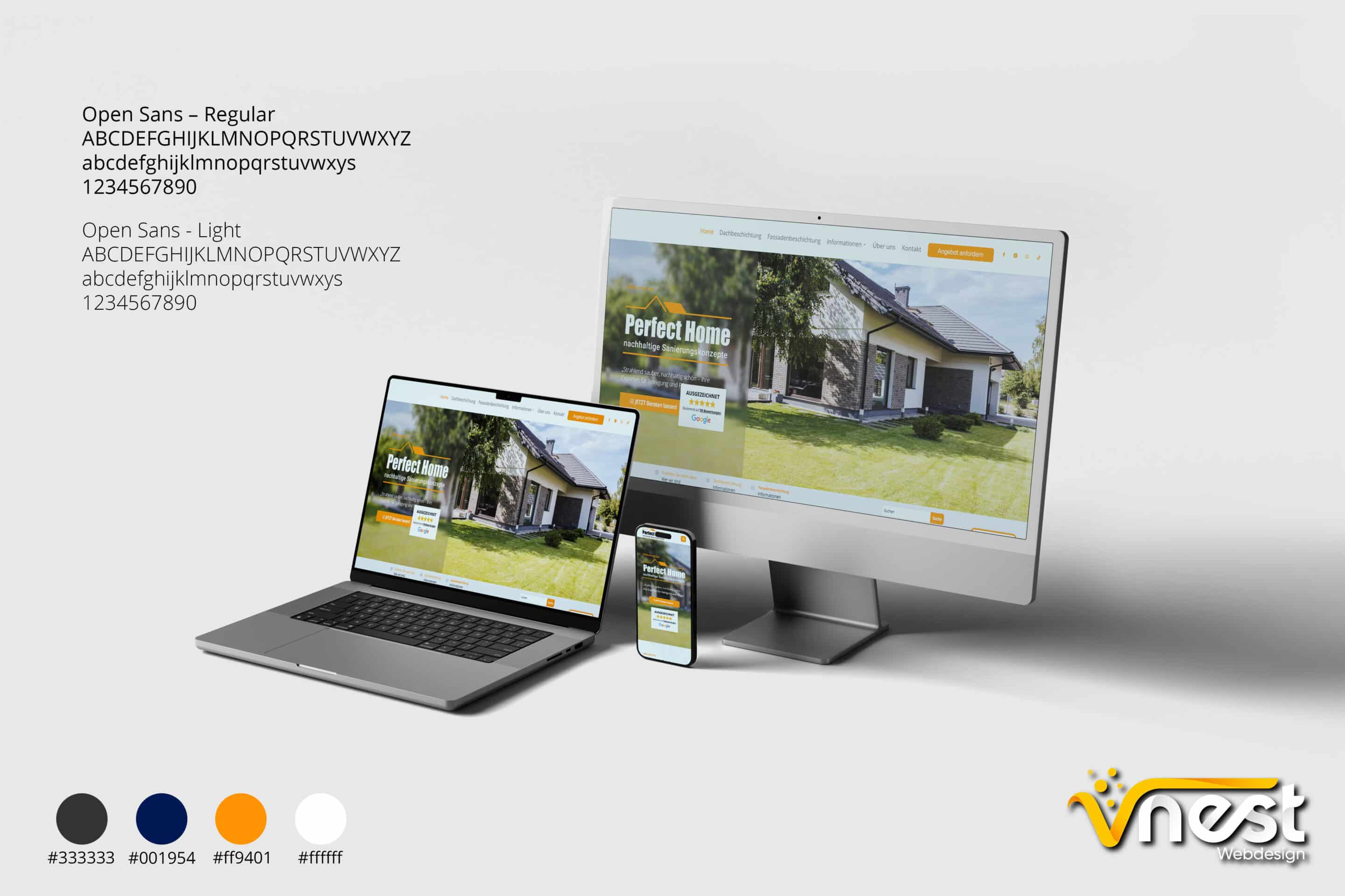 Referenz Bild von vNEST Webdesign aus dem Portfolio. Zeigt die Ansicht von Perfect Home Sanierung auf mehreren Geräten an. Mit Schriftarten und dem Farbstyle