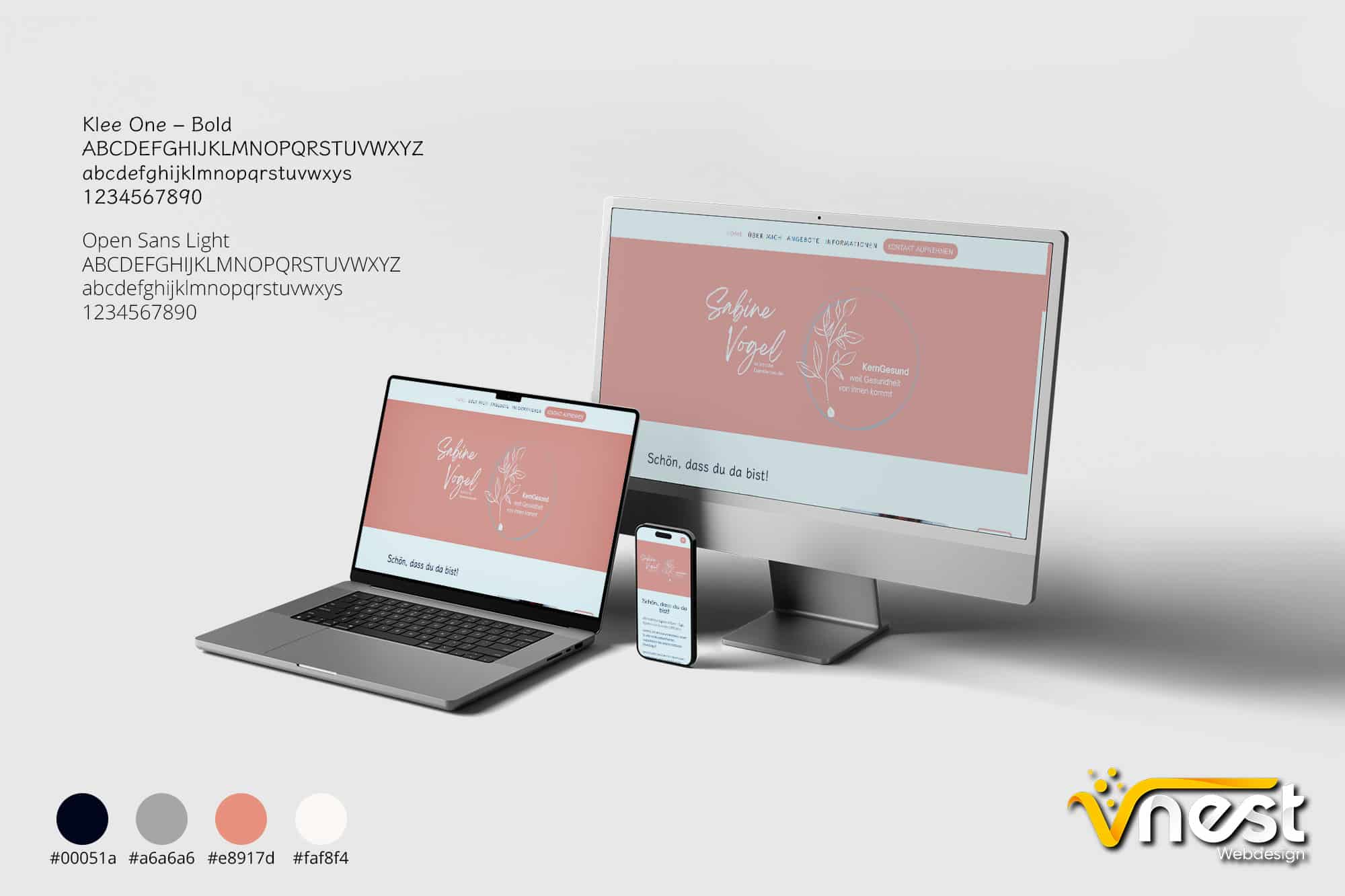 Referenz Bild von vNEST Webdesign aus dem Portfolio. Zeigt die Ansicht von KernGesund von Sabine Vogel auf mehreren Geräten an. MIt Schriftart und Farbstyle.