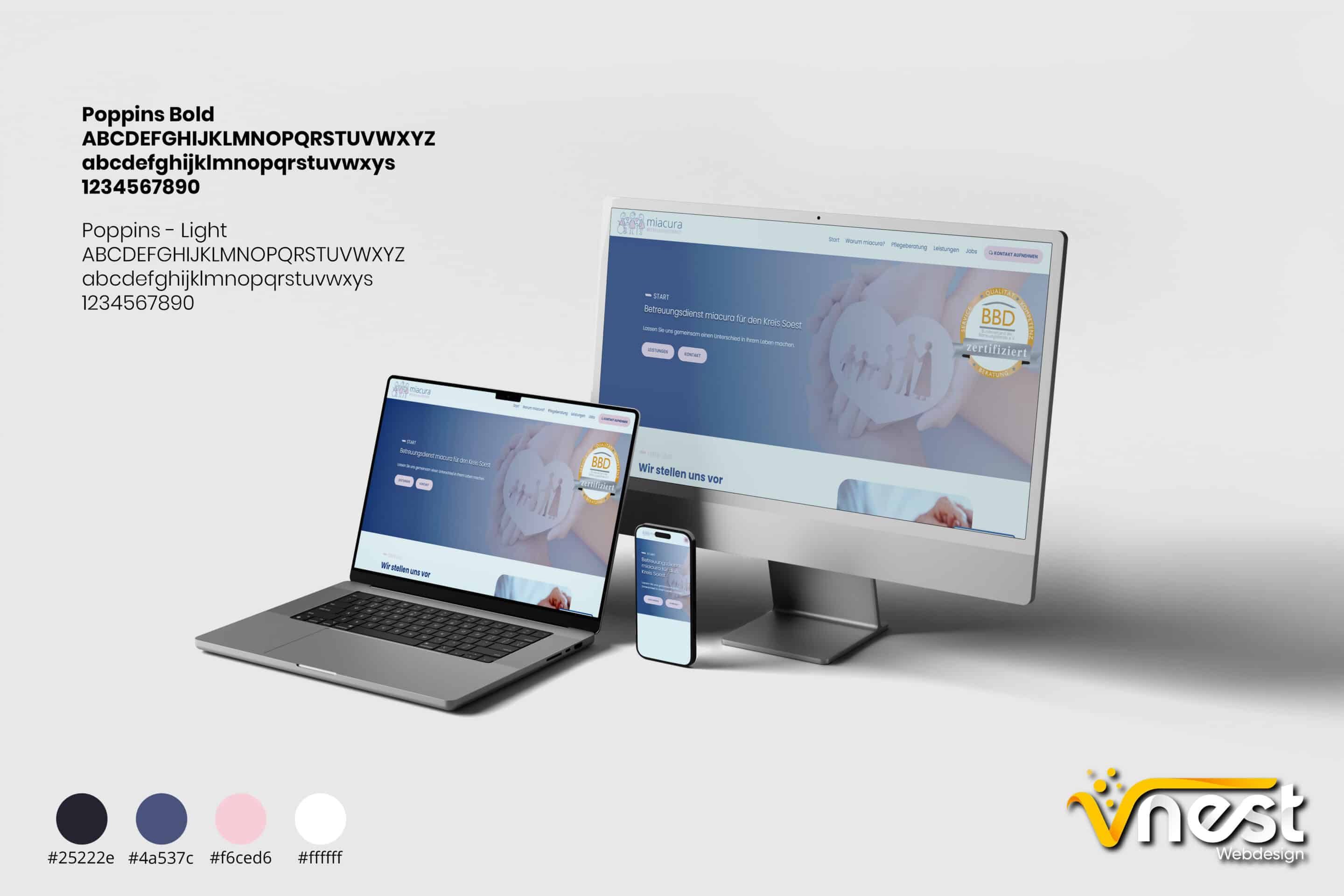 Referenz Bild von vNEST Webdesign aus dem Portfolio. Zeigt die Ansicht von mehreren Geräten an mit Schriftart und Farben von miacura.de an