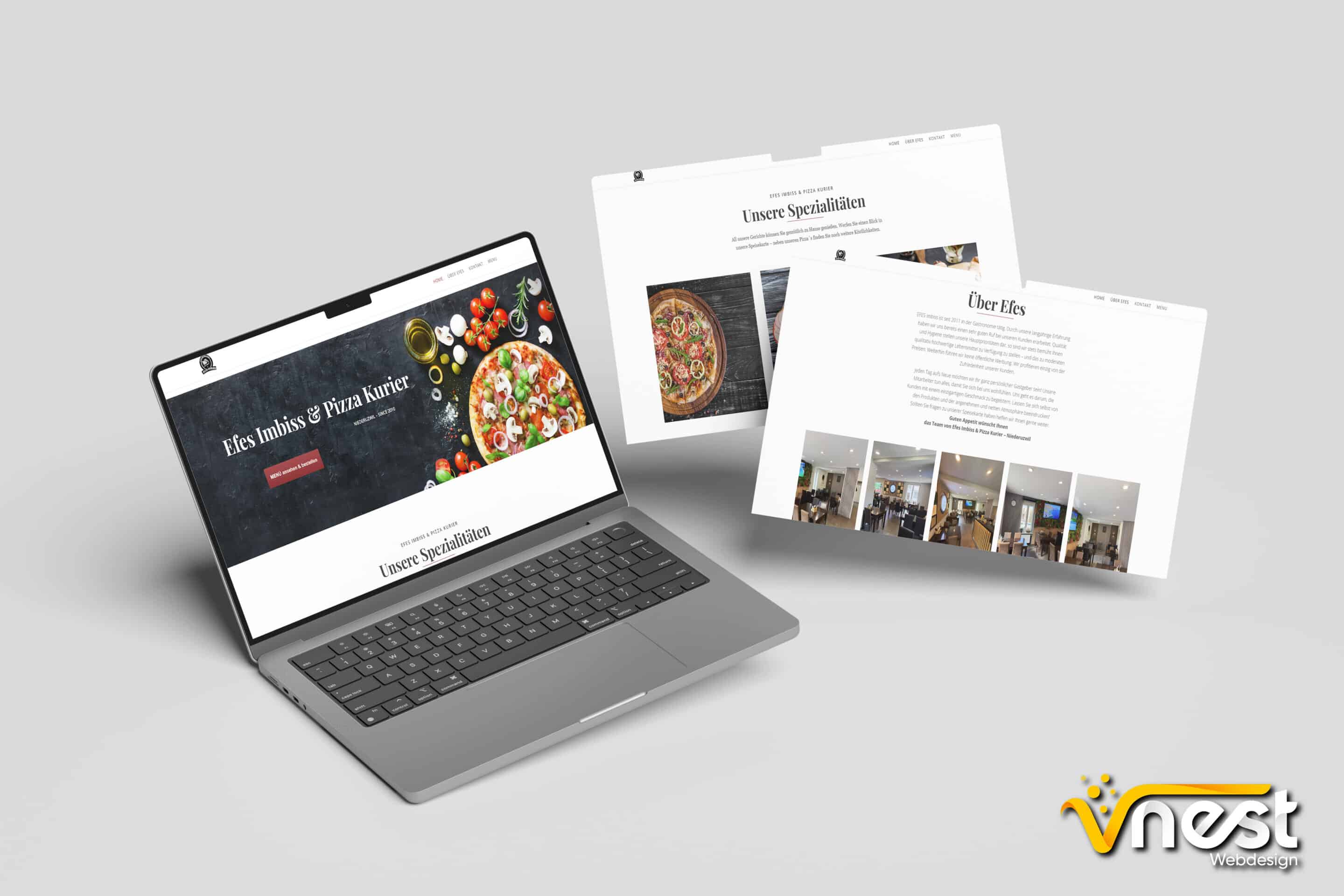 Referenz Bild von vNEST Webdesign aus dem Portfolio. Zeigt die Laptop Ansicht von Efes Imbiss & Pizza Kurier an.