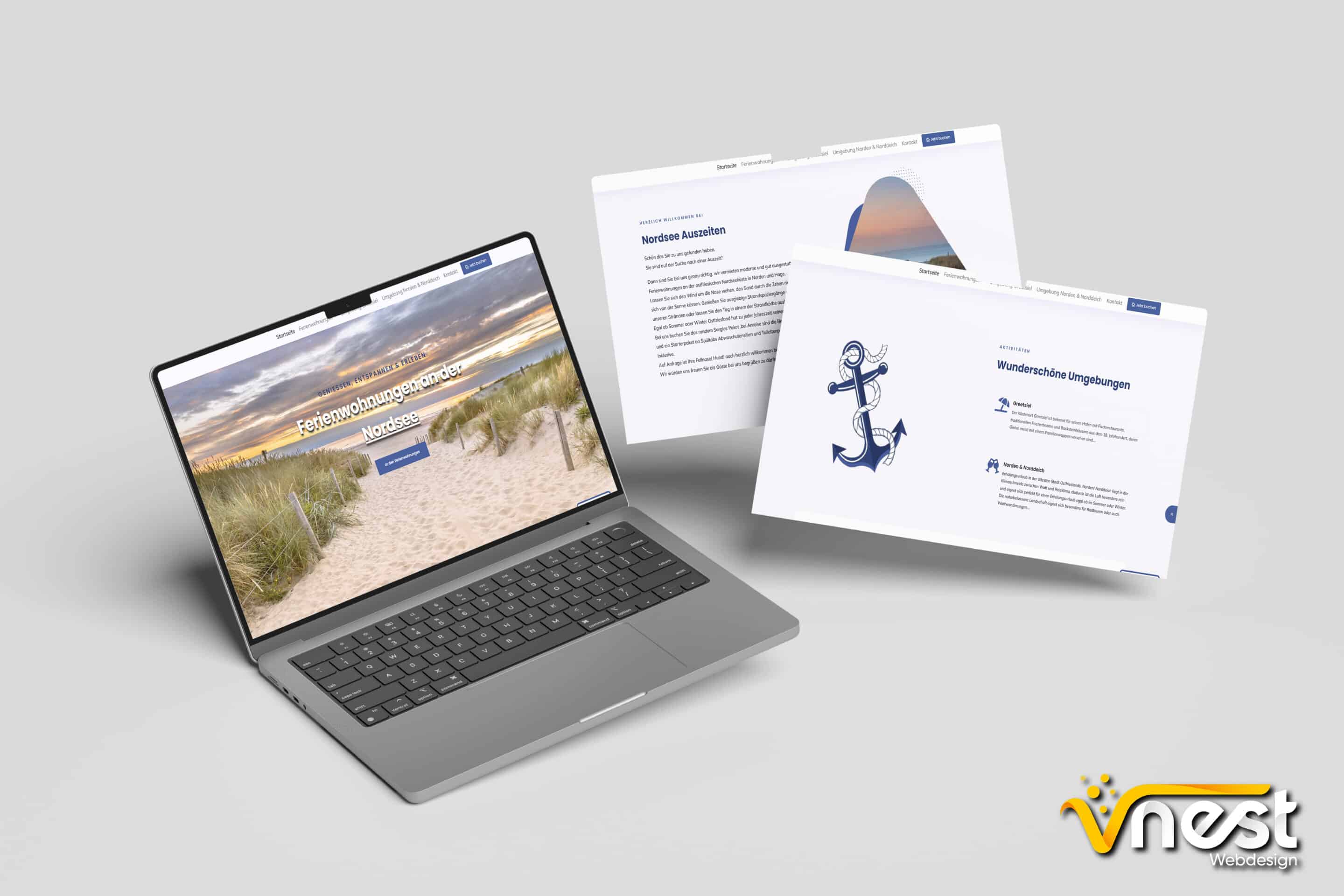 Referenz Bild von vNEST Webdesign aus dem Portfolio. Zeigt die Laptop Ansicht von Nordsee-Auszeiten Ferienwohnungen an.