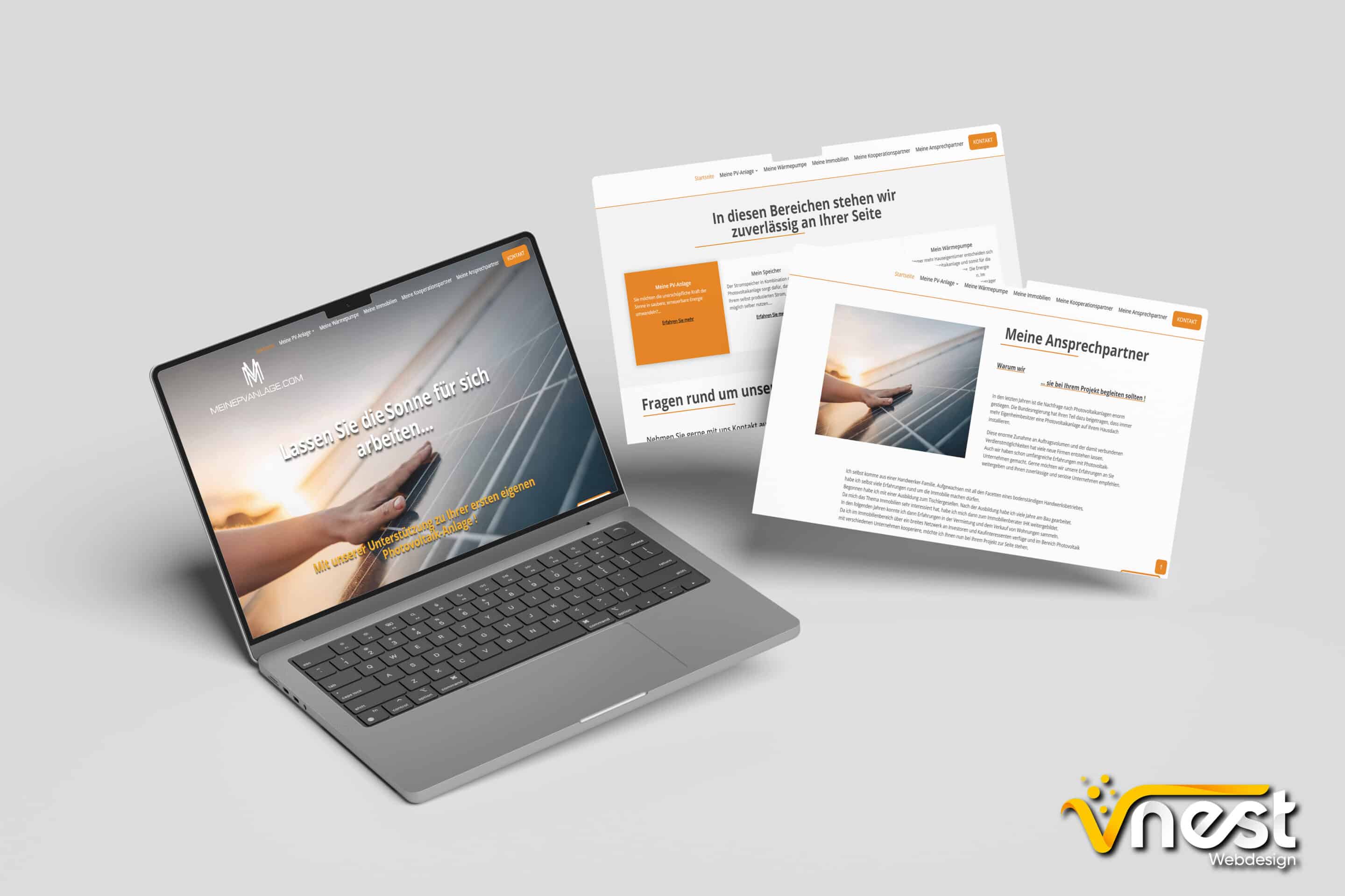 Referenz Bild von vNEST Webdesign aus dem Portfolio. Zeigt die Laptop Ansicht von meinepvanlage.com an.