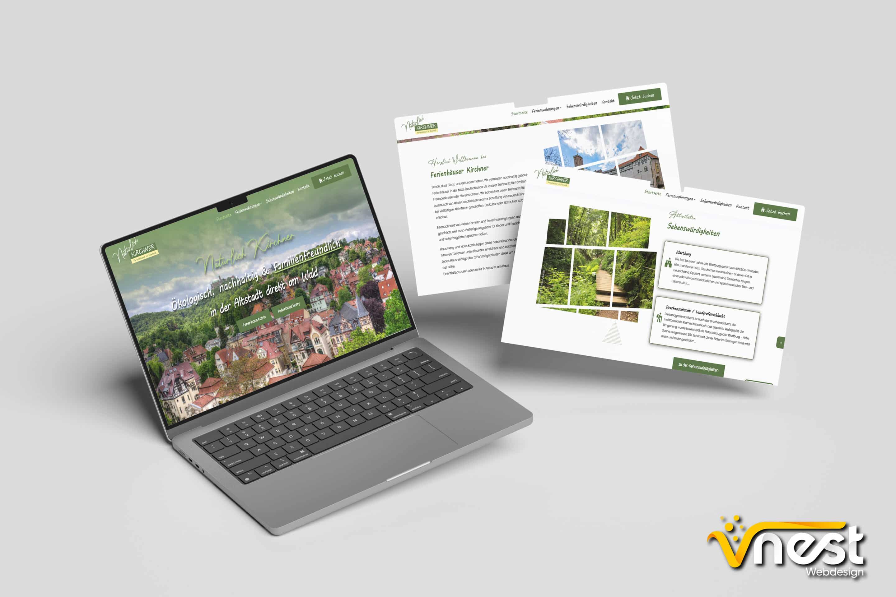 Referenz Bild von vNEST Webdesign aus dem Portfolio. Zeigt die Laptop Ansicht von natürlich Kirchner - Ferienhäuser in Eisenach an.