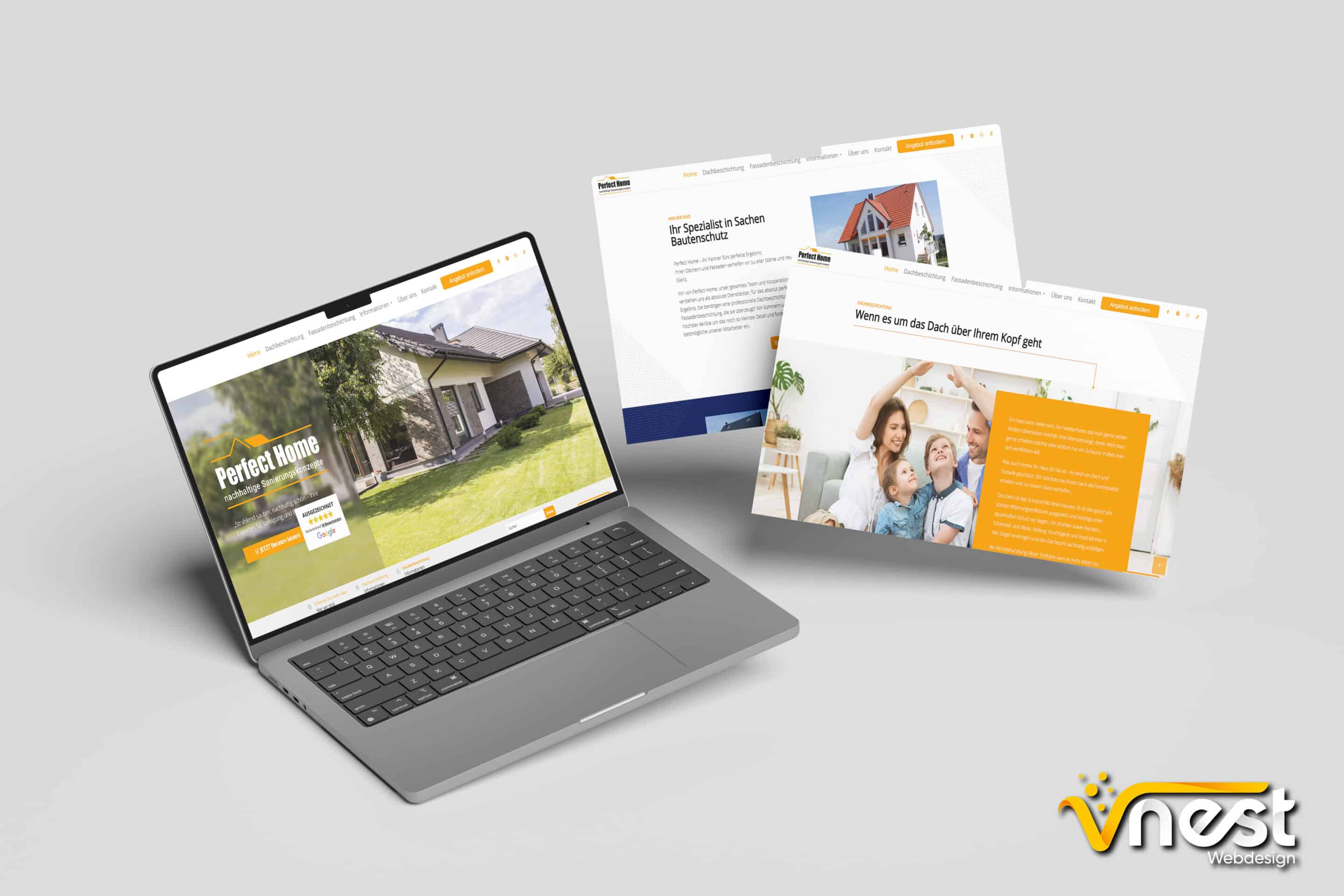 Referenz Bild von vNEST Webdesign aus dem Portfolio. Zeigt die Laptop Ansicht von Perfect Home Sanierung an.