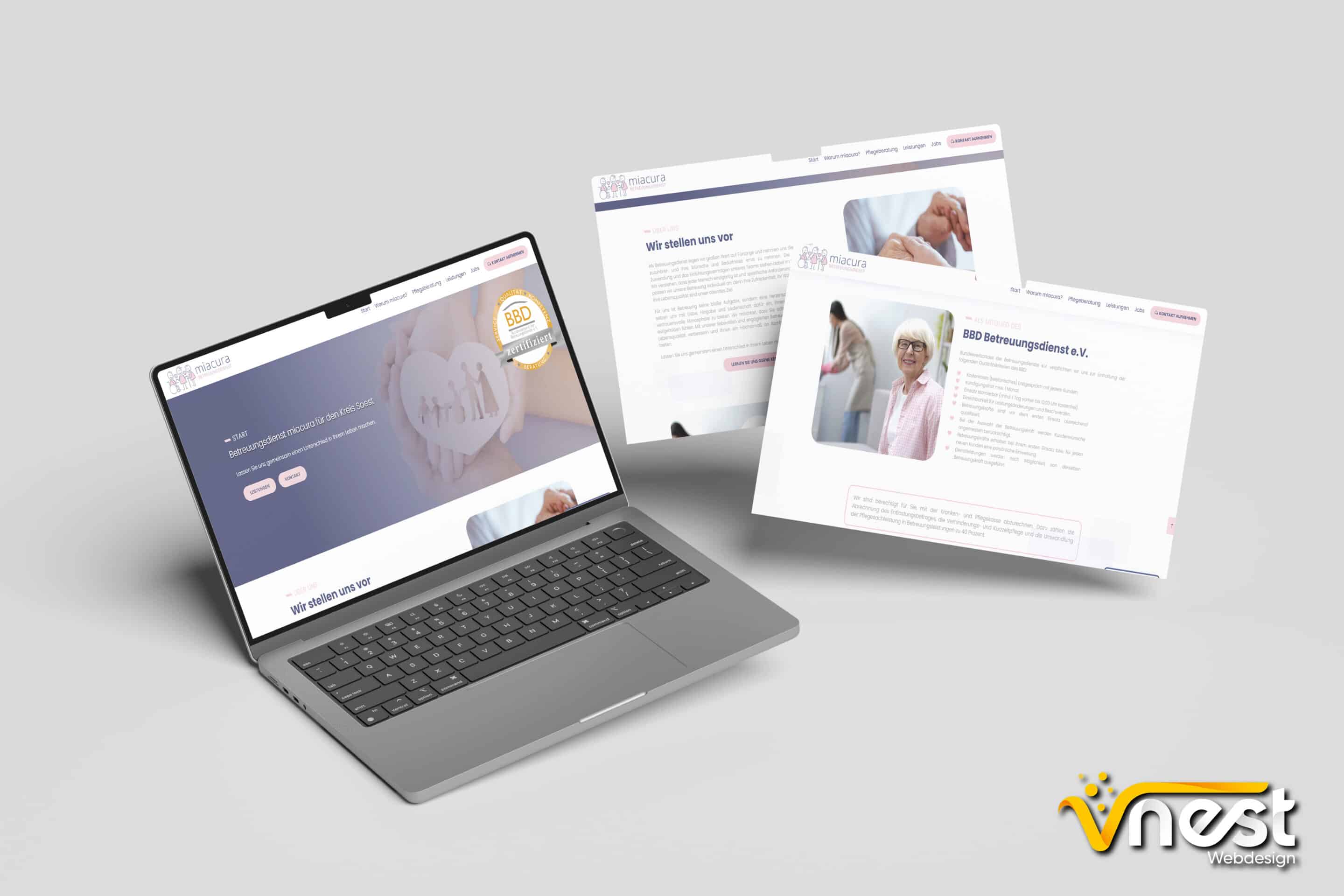 Referenz Bild von vNEST Webdesign aus dem Portfolio. Zeigt die Laptop Ansicht von miacura.de an