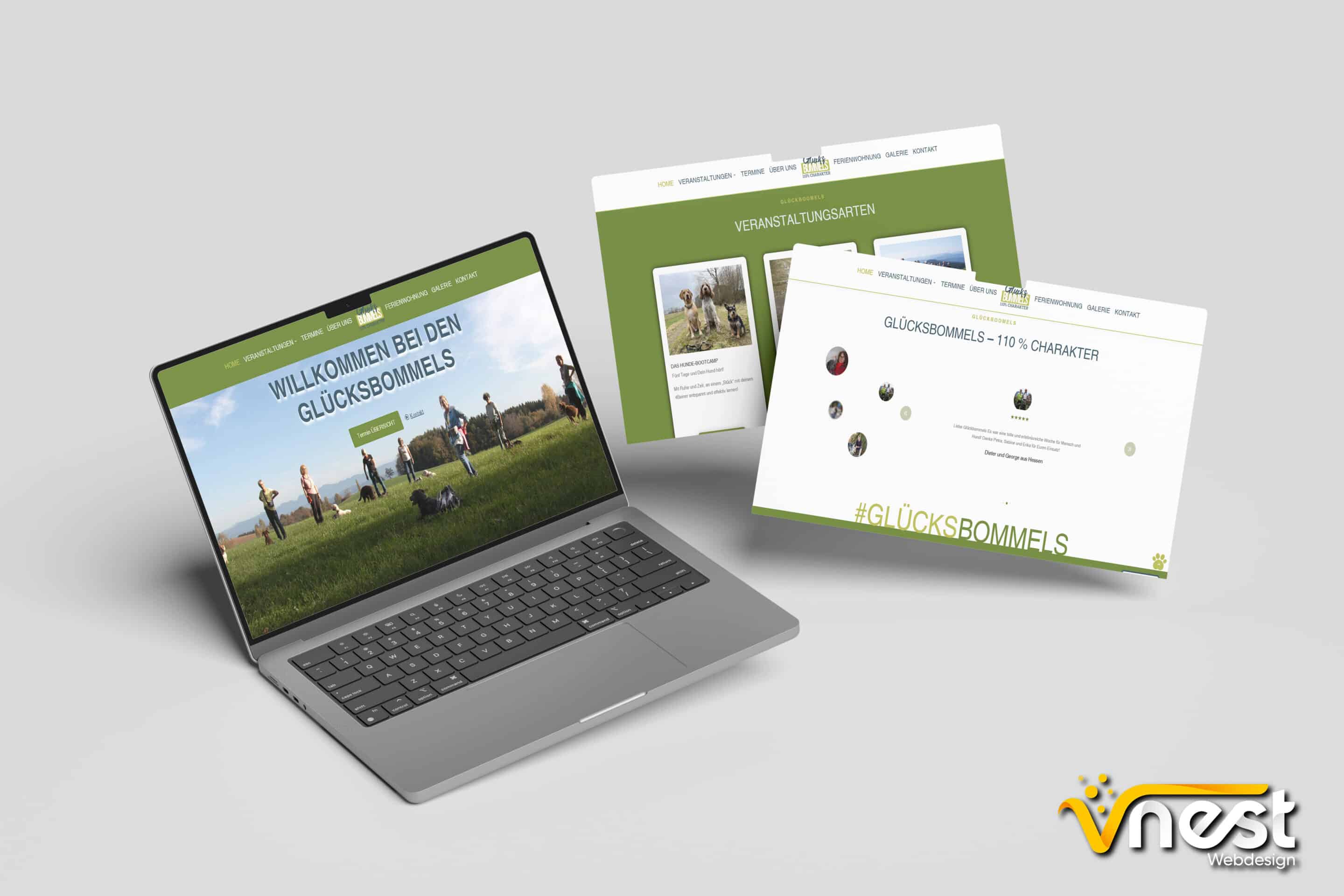 Referenz Bild von vNEST Webdesign aus dem Portfolio. Zeigt die Laptop Ansicht von Hundeschule Glücksbommels an.