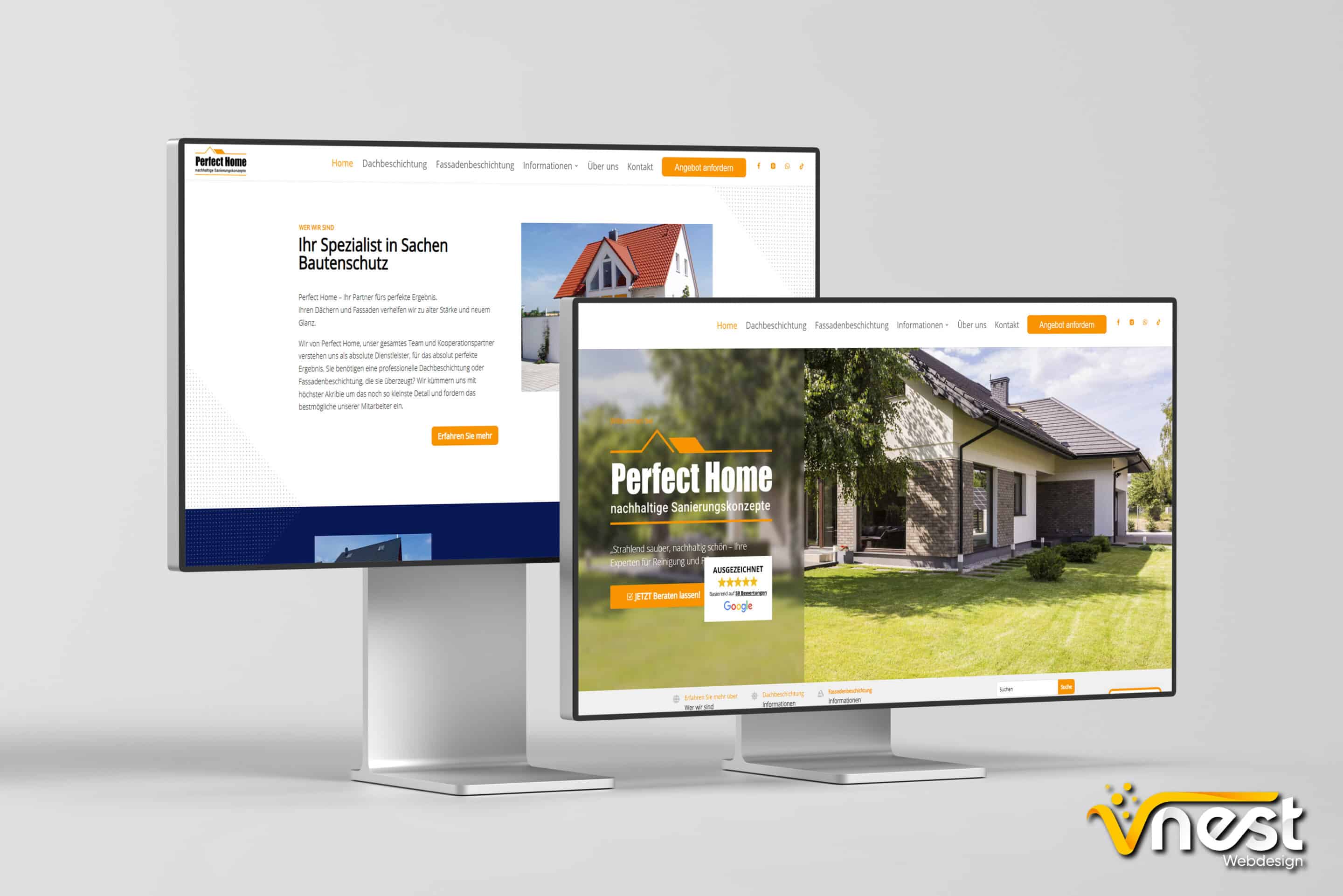 Referenz Bild von vNEST Webdesign aus dem Portfolio. Zeigt die PC Ansicht von Perfect Home Sanierung an.