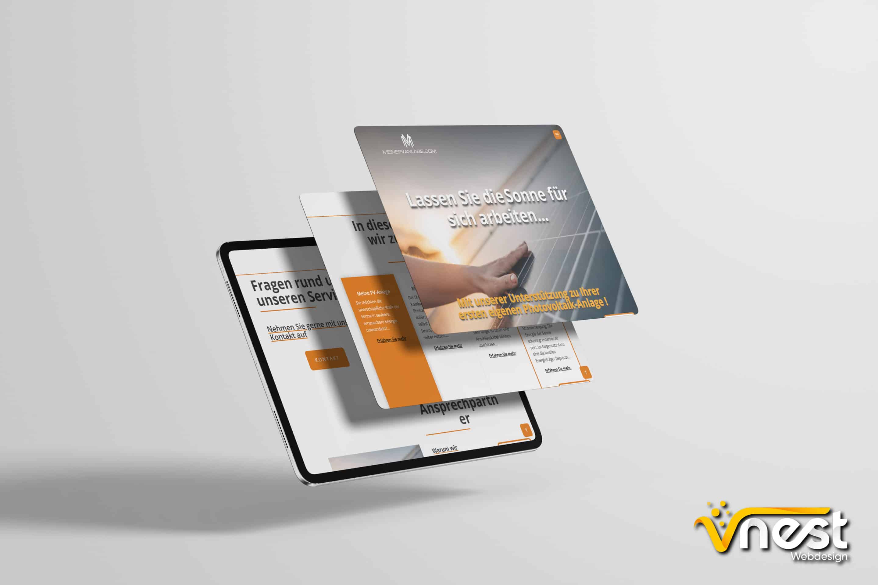 Referenz Bild von vNEST Webdesign aus dem Portfolio. Zeigt die Tablet Ansicht von meinepvanlage.com an.