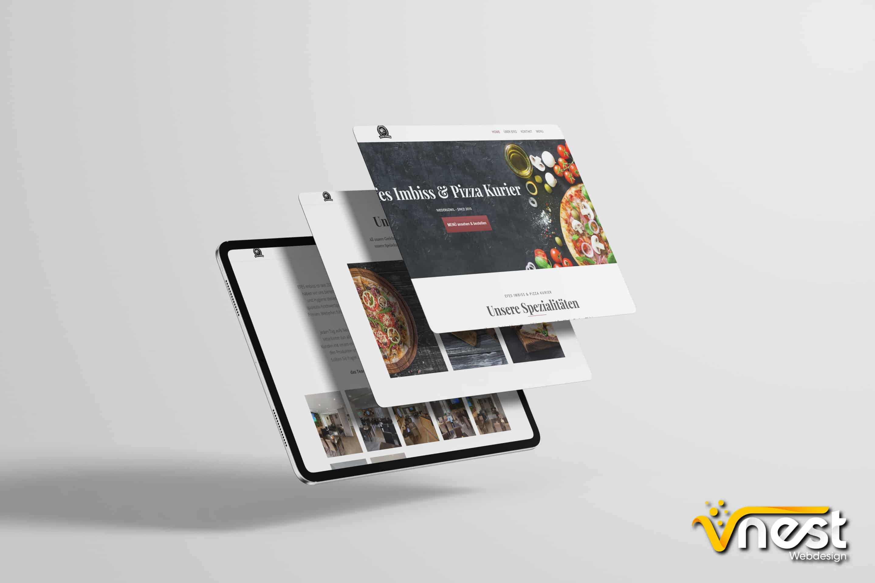 Referenz Bild von vNEST Webdesign aus dem Portfolio. Zeigt die Tablet Ansicht von Efes Imbiss & Pizza Kurier an.