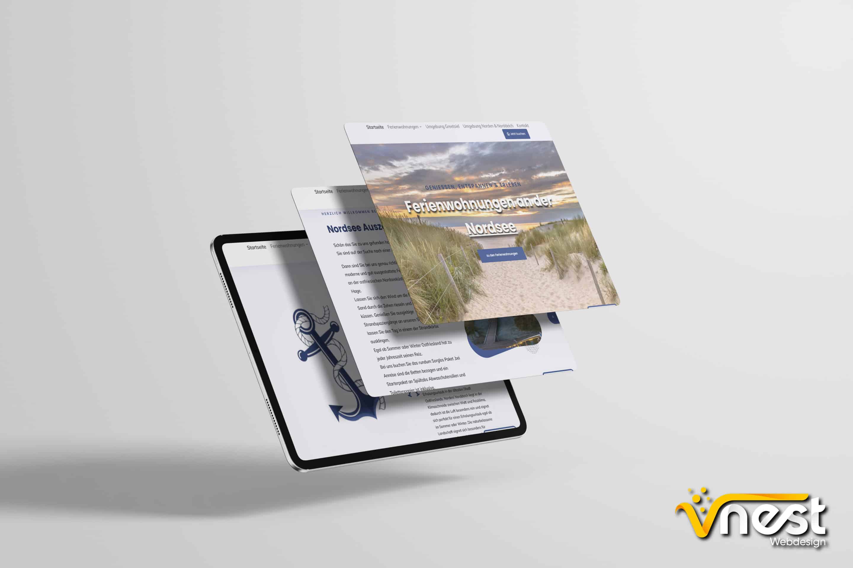 Referenz Bild von vNEST Webdesign aus dem Portfolio. Zeigt die Tablet Ansicht von Nordsee-Auszeiten Ferienwohnungen an.