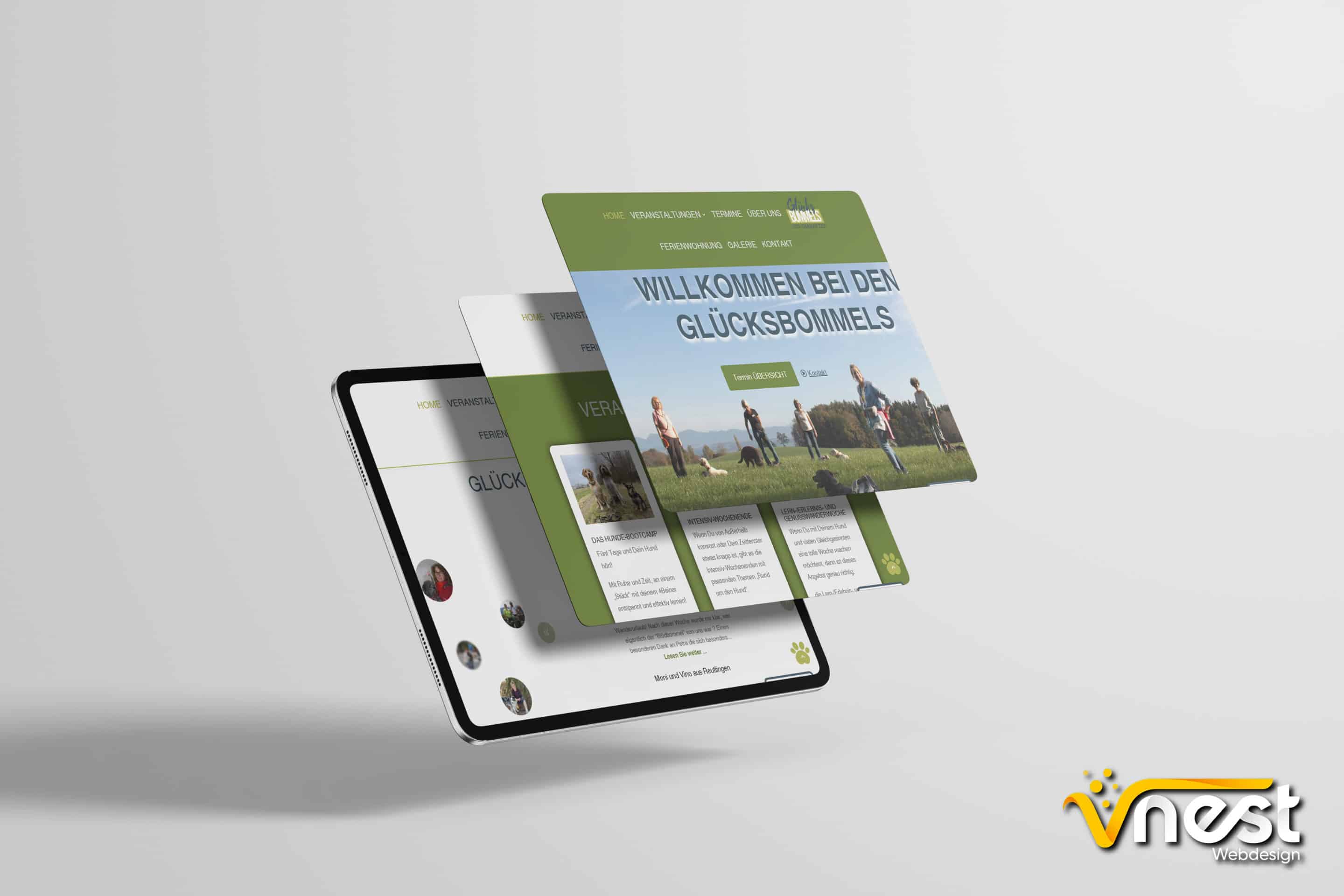 Referenz Bild von vNEST Webdesign aus dem Portfolio. Zeigt die Tablet Ansicht von Hundeschule Glücksbommels an.