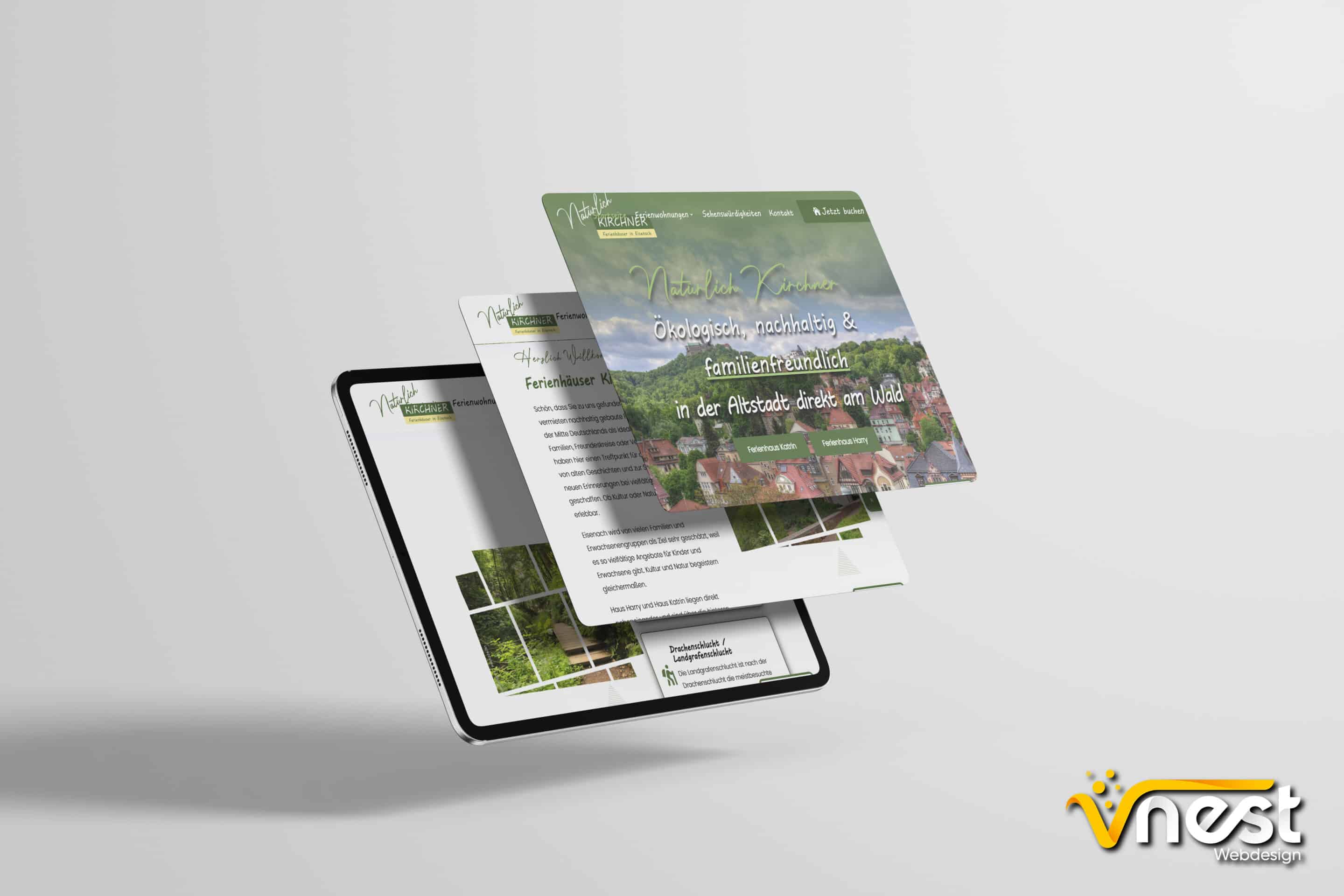 Referenz Bild von vNEST Webdesign aus dem Portfolio. Zeigt die Tablet Ansicht von natürlich Kirchner - Ferienhäuser in Eisenach an.