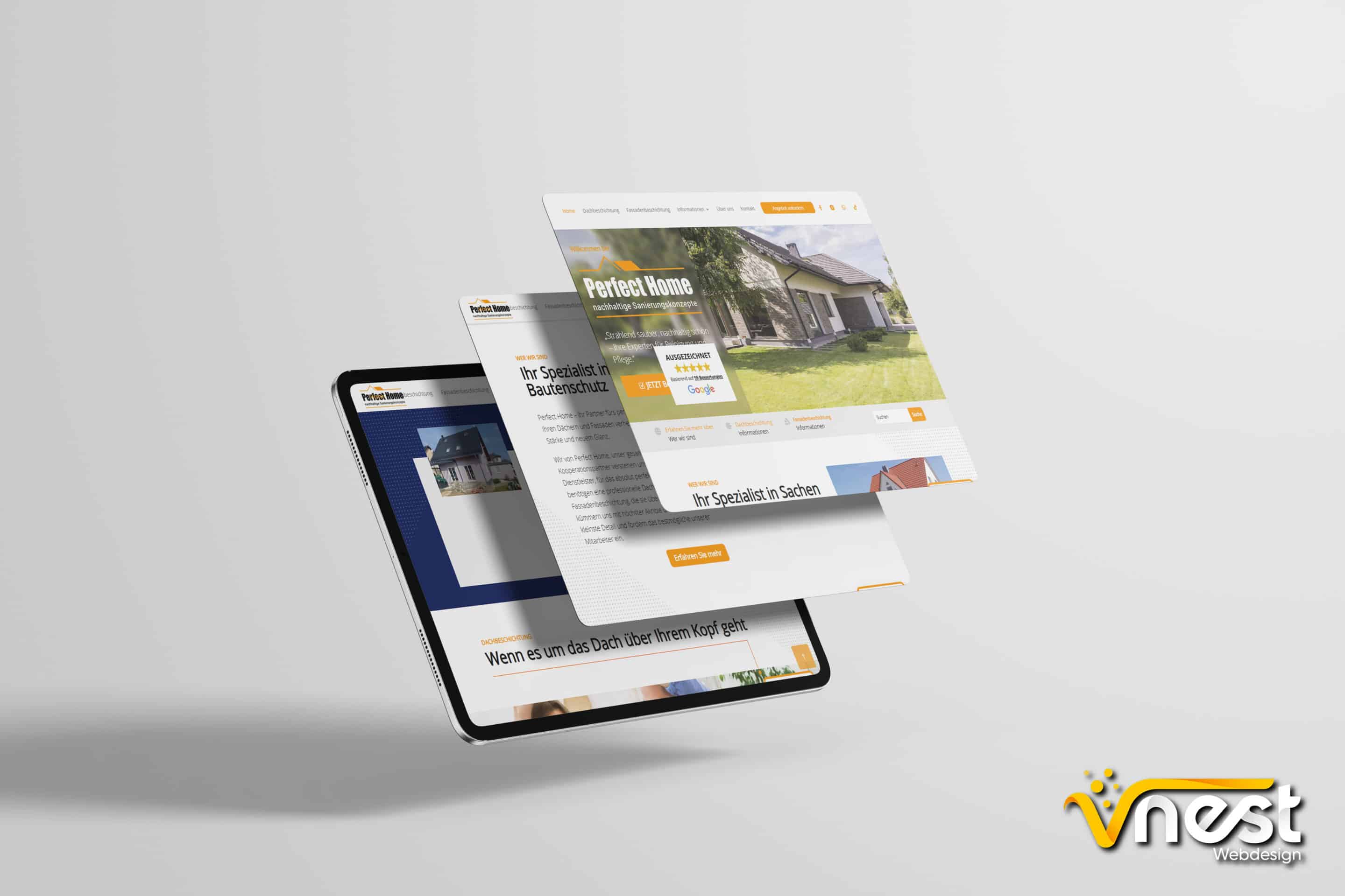 Referenz Bild von vNEST Webdesign aus dem Portfolio. Zeigt die Tablet Ansicht von Perfect Home Sanierung an.