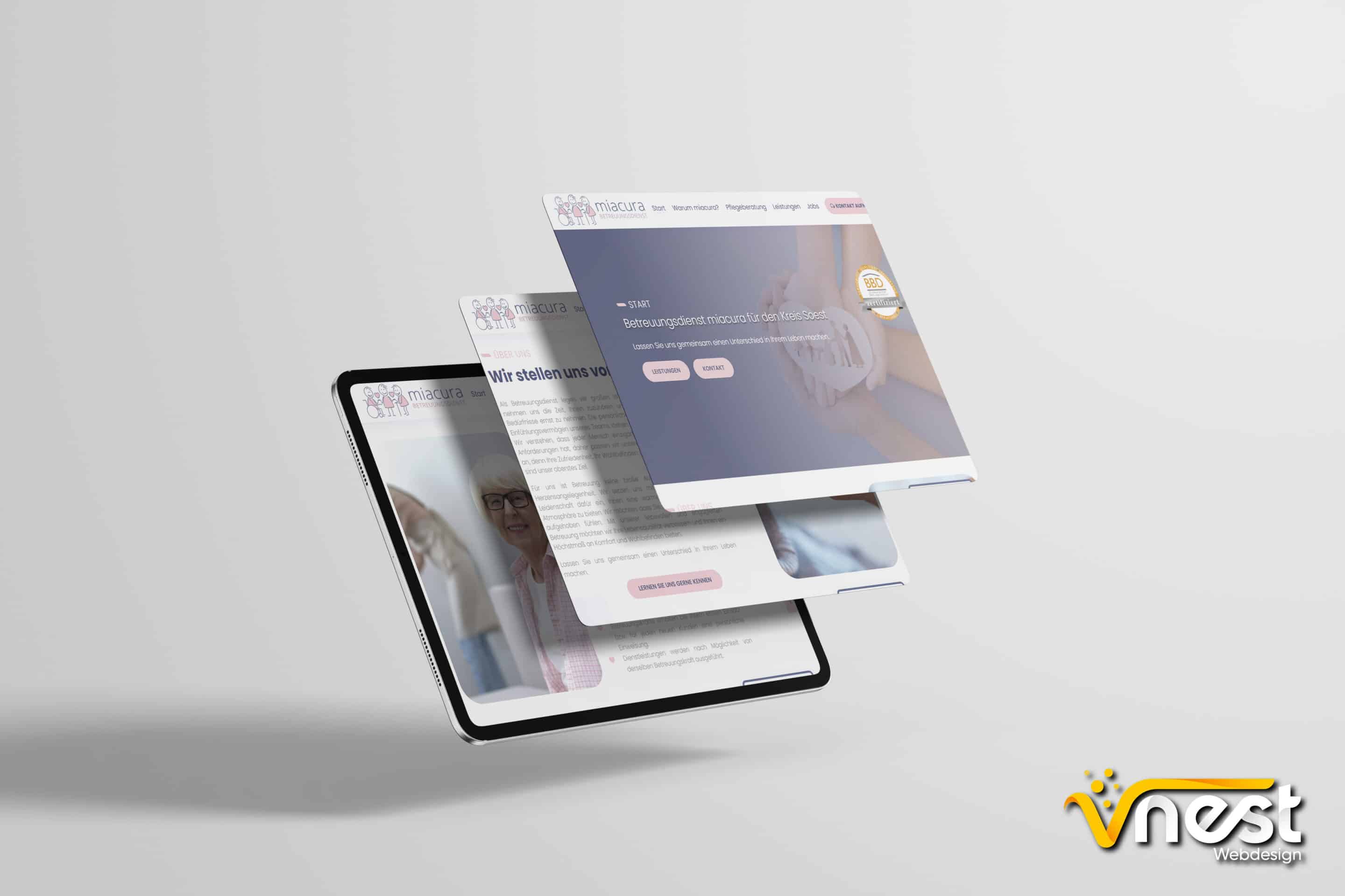 Referenz Bild von vNEST Webdesign aus dem Portfolio. Zeigt die Tablet Ansicht von miacura.de an