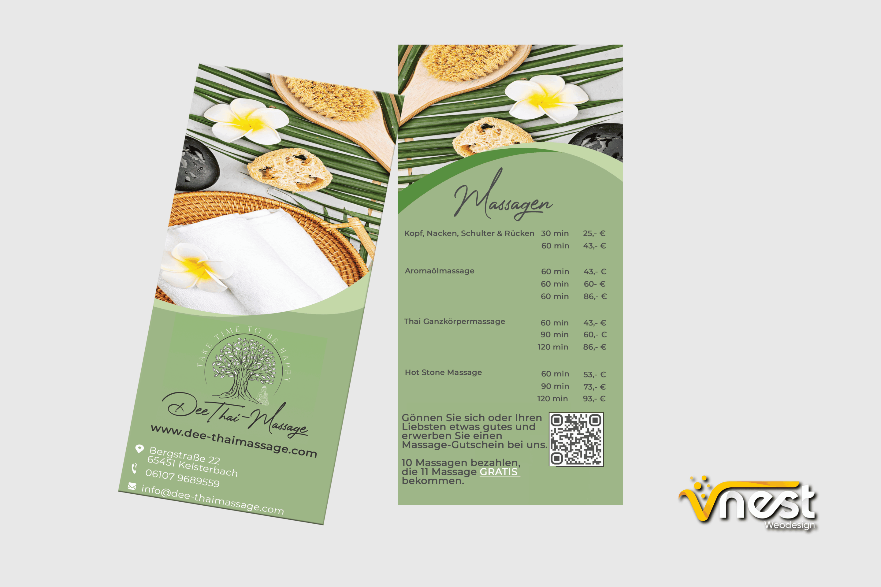 Referenz Bild von vNEST Webdesign aus dem Portfolio. Flyer von der Dee Thai Massage aus Kelsterbach an.