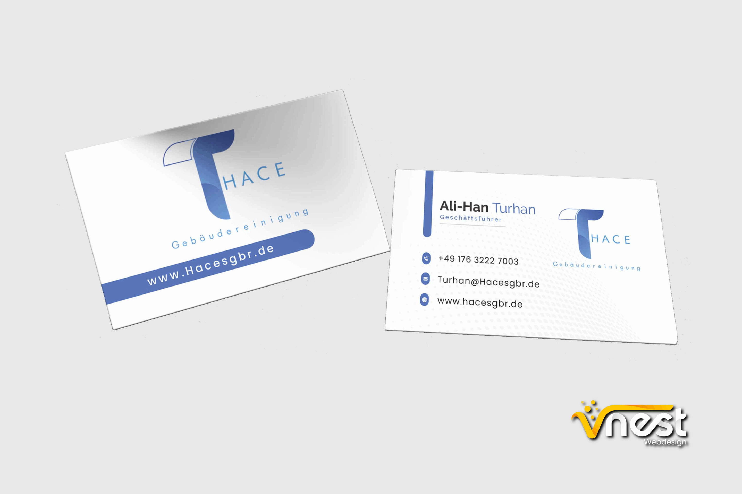 Referenz Bild von vNEST Webdesign aus dem Portfolio. Visitenkarte von THACE - Gebäudereinigung.