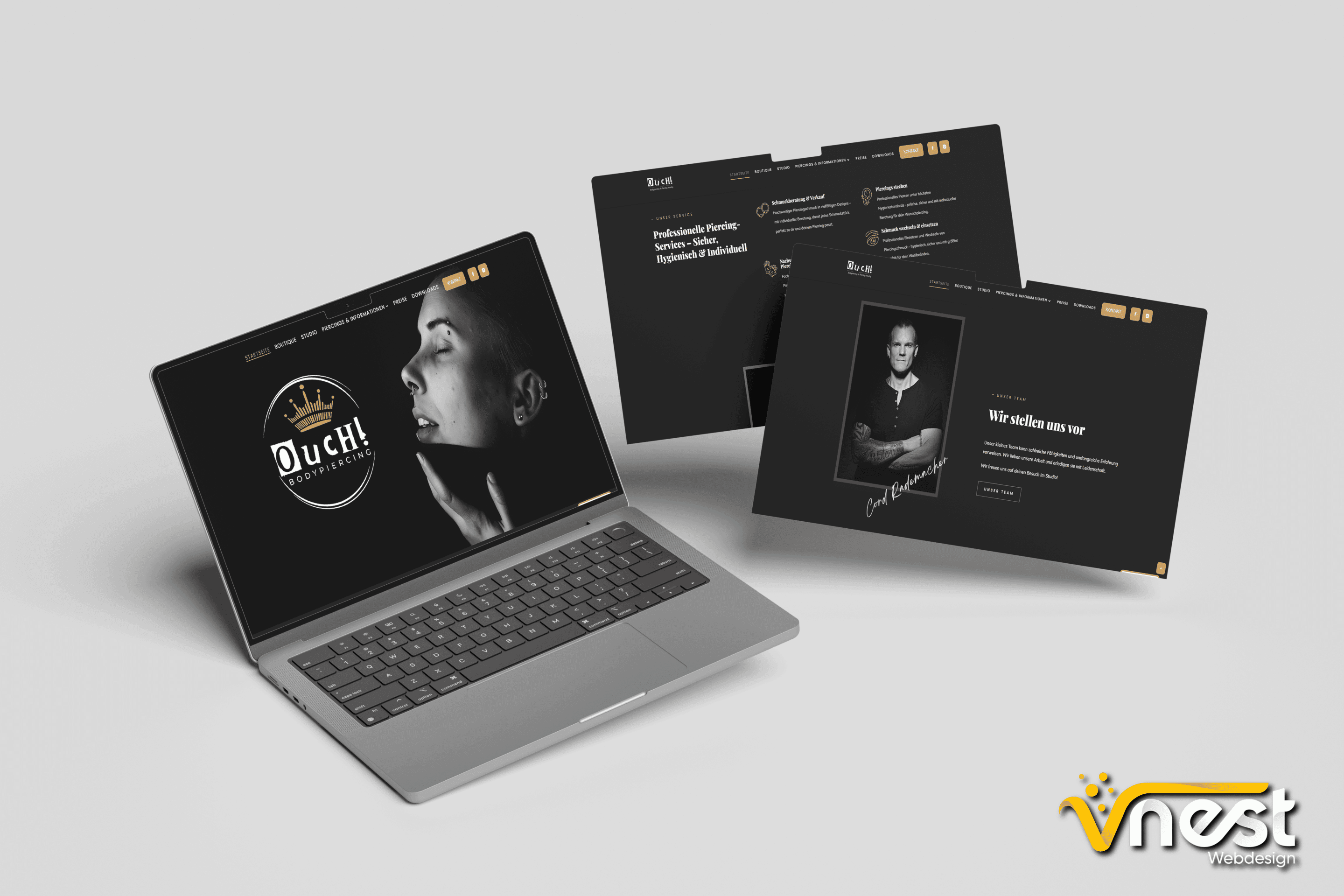Referenz Bild von vNEST Webdesign aus dem Portfolio. Zeigt die Laptop Ansicht von OucH! Bodypiercing an.