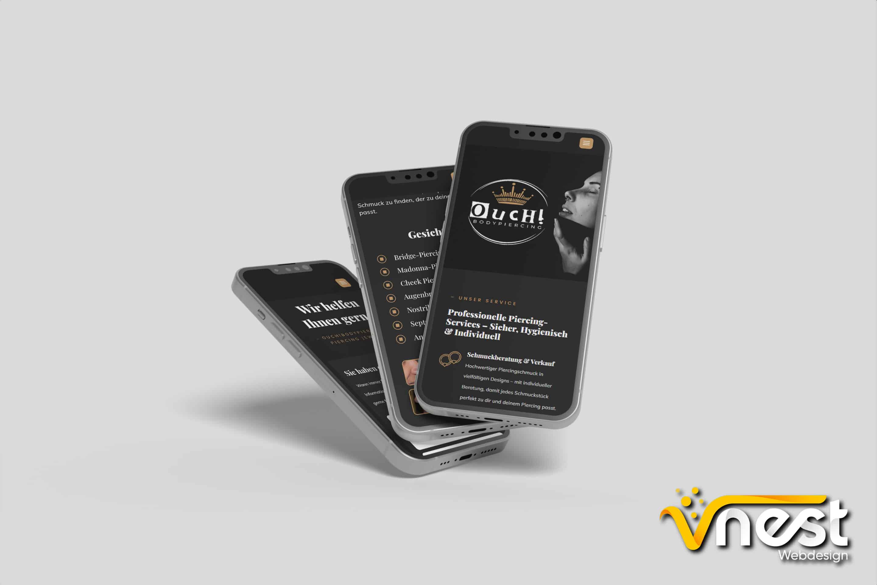 Referenz Bild von vNEST Webdesign aus dem Portfolio. Zeigt die Smartphone Ansicht von OucH! Bodypiercing an.