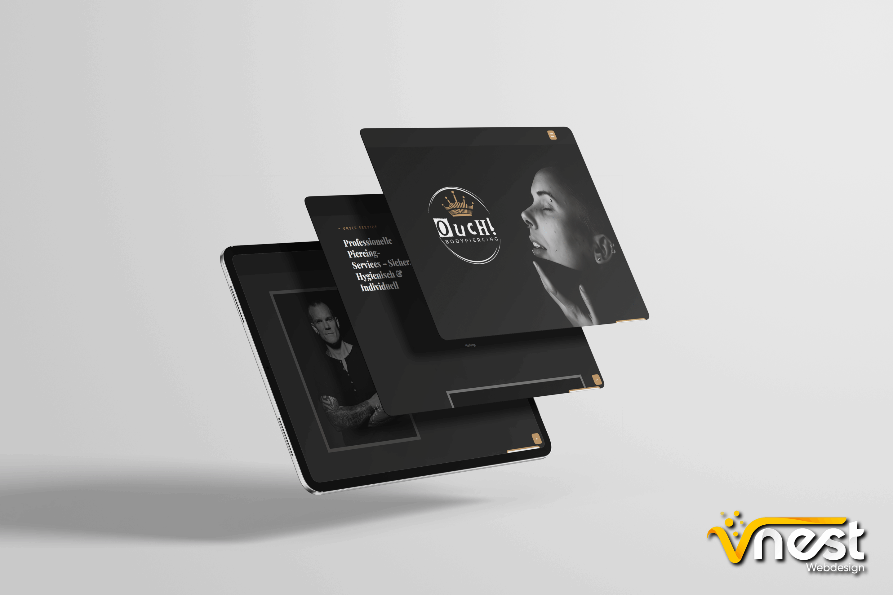 Referenz Bild von vNEST Webdesign aus dem Portfolio. Zeigt die Tablet Ansicht von OucH! Bodypiercing an.
