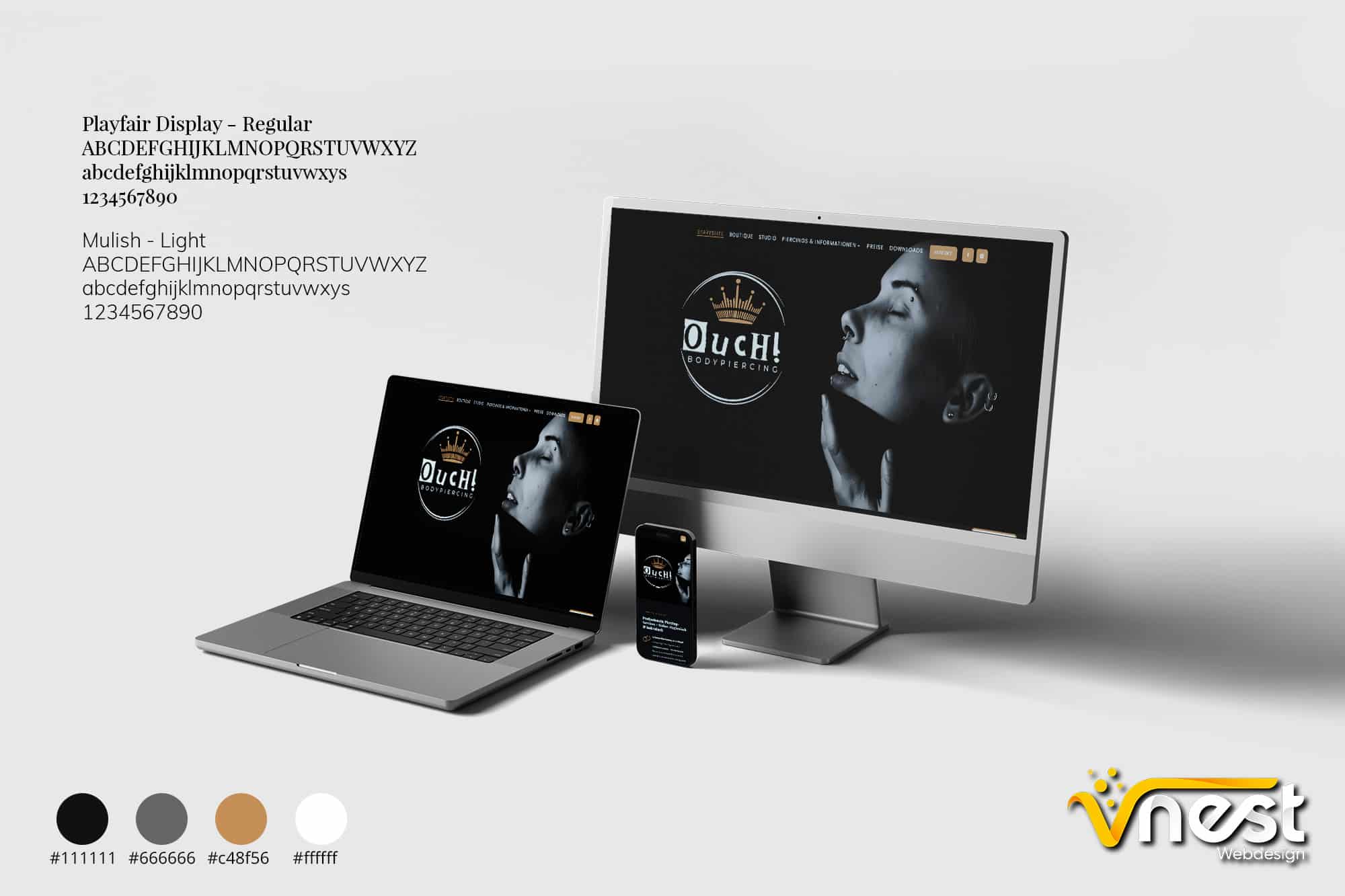 Referenz Bild von vNEST Webdesign aus dem Portfolio. Zeigt die Ansicht von mehreren Geräten an mit Schriftart und Farben von OucH! Bodypiercing an
